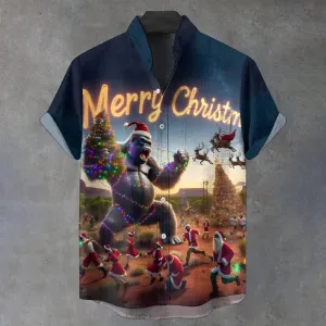Men's Merry Christmas Stand Collar Printed Short Sleeve Shirt 2409001579