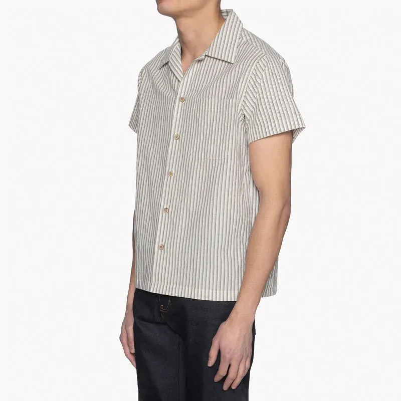 【Naked and Famous】Aloha Shirt Vintage Broad Cloth - Cream／棉麻混紡條紋短袖襯衫