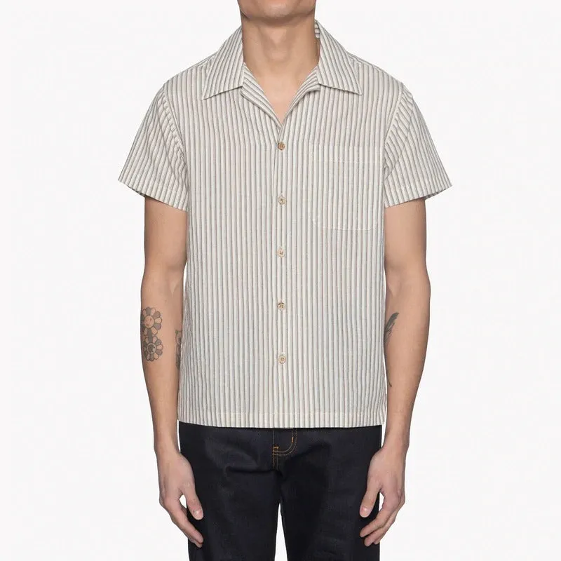 【Naked and Famous】Aloha Shirt Vintage Broad Cloth - Cream／棉麻混紡條紋短袖襯衫