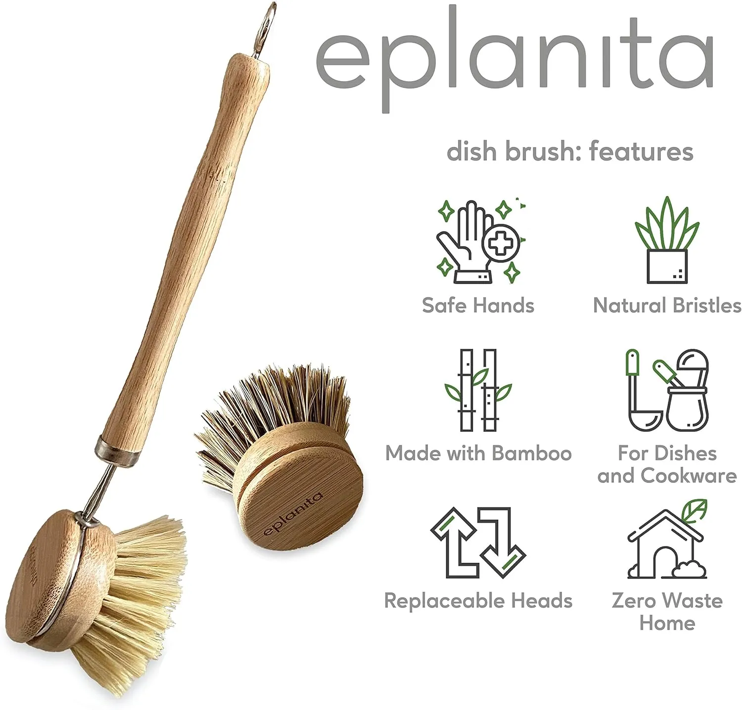 Natural Dish Brush, 3 Replacement Heads, Kitchen Eco Bamboo Scrubber Brushes, Extra Plant Sponge, Plastic Free Washing Up, Zero Waste Cleaning