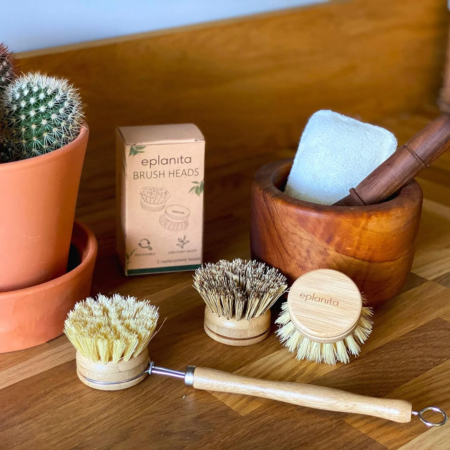Natural Dish Brush, 3 Replacement Heads, Kitchen Eco Bamboo Scrubber Brushes, Extra Plant Sponge, Plastic Free Washing Up, Zero Waste Cleaning