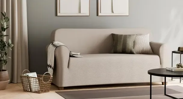 NEW IN BOX Retails $60 SmartFit Waterproof Stretch Sofa Slipcover with Textured Performance Fabric, 1-Piece Furniture Cover, Ivory Linen, Fabric slipcover