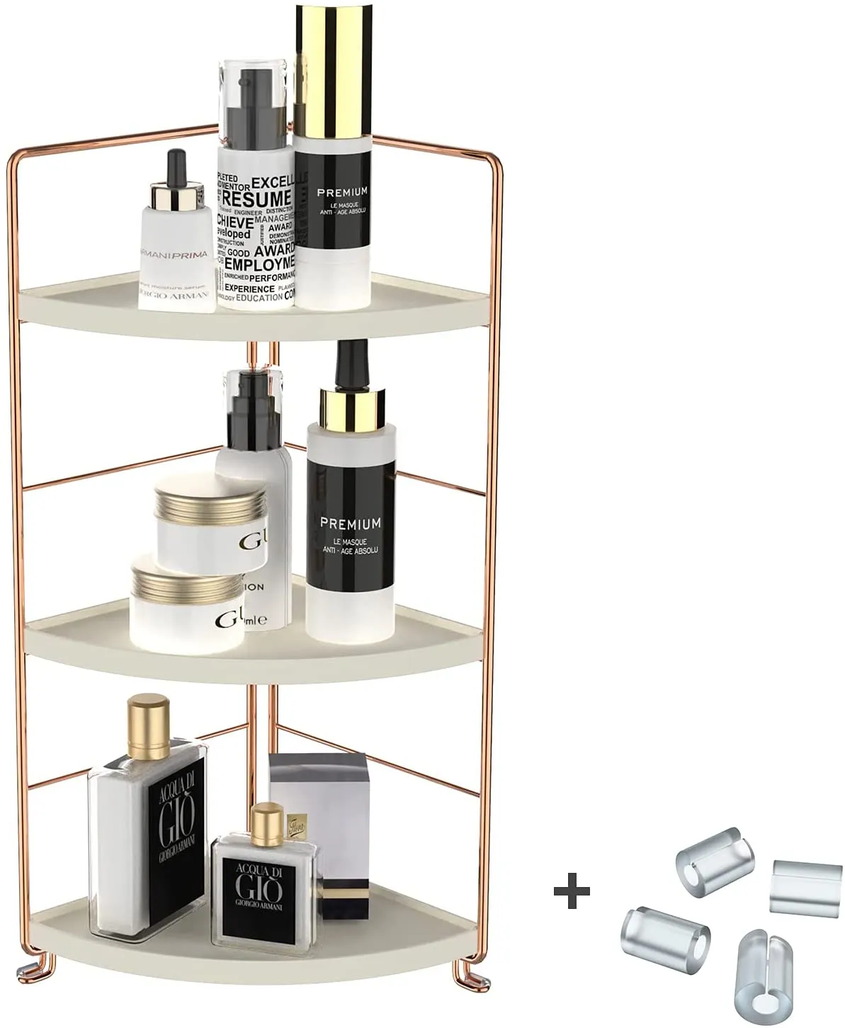 New JANUS LiANG 3-Tier Corner Storage Shelf Bathroom Countertop Organizer Stackable Makeup Storage Holder Vanity Tray Cosmetic Rack Standing Kitchen Spice Rack, Easy to Assemble, Plastic/Metal Rose Gold