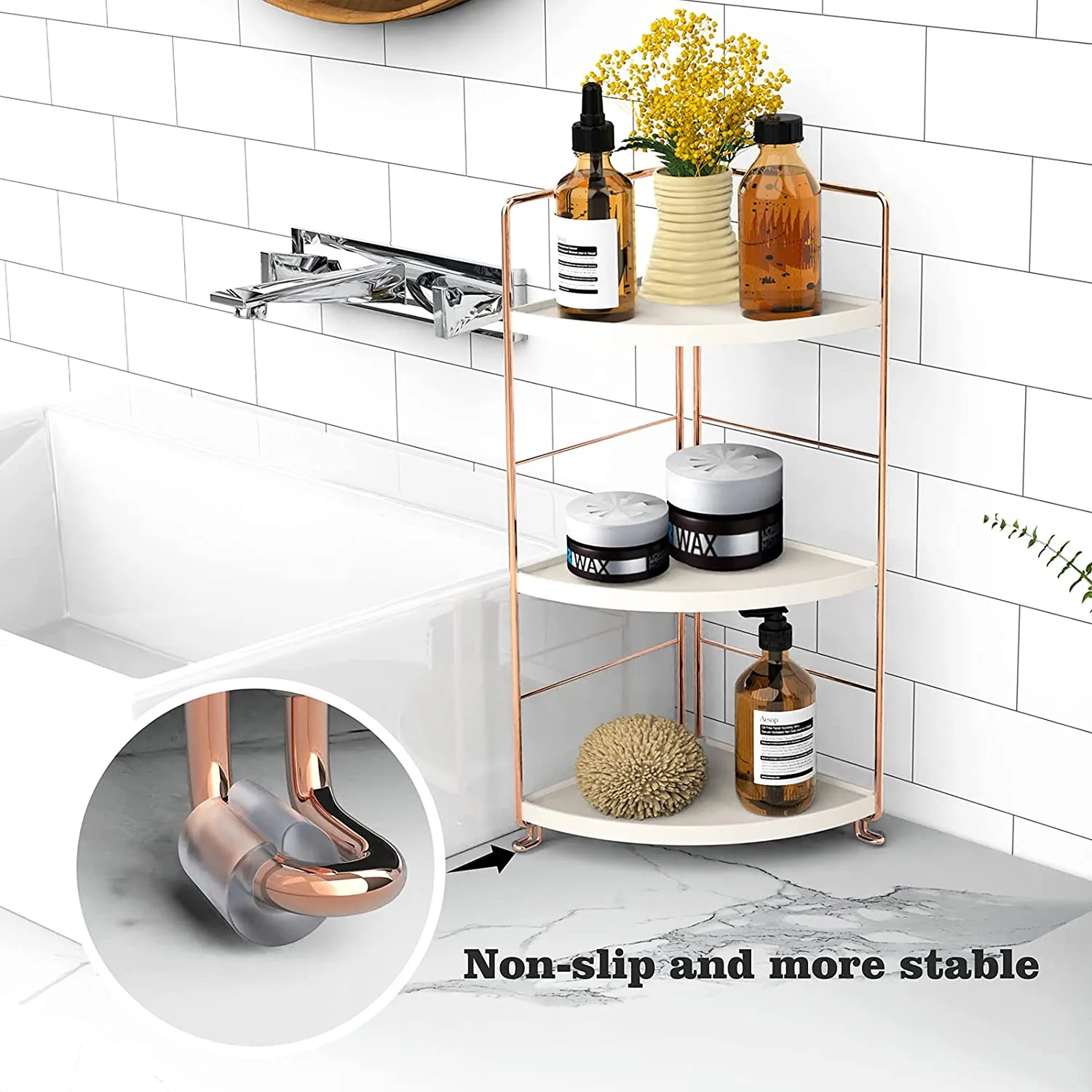 New JANUS LiANG 3-Tier Corner Storage Shelf Bathroom Countertop Organizer Stackable Makeup Storage Holder Vanity Tray Cosmetic Rack Standing Kitchen Spice Rack, Easy to Assemble, Plastic/Metal Rose Gold