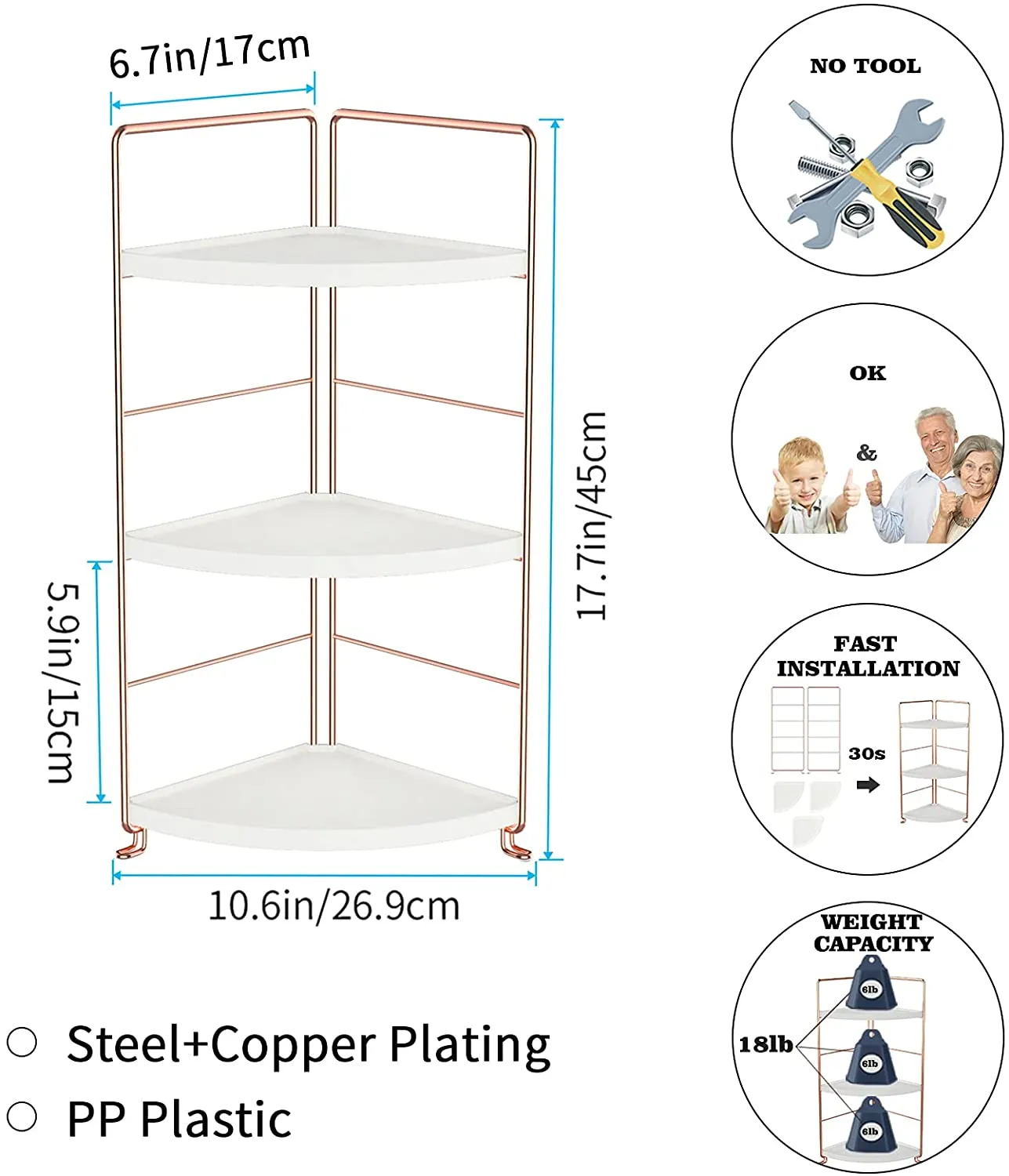 New JANUS LiANG 3-Tier Corner Storage Shelf Bathroom Countertop Organizer Stackable Makeup Storage Holder Vanity Tray Cosmetic Rack Standing Kitchen Spice Rack, Easy to Assemble, Plastic/Metal Rose Gold