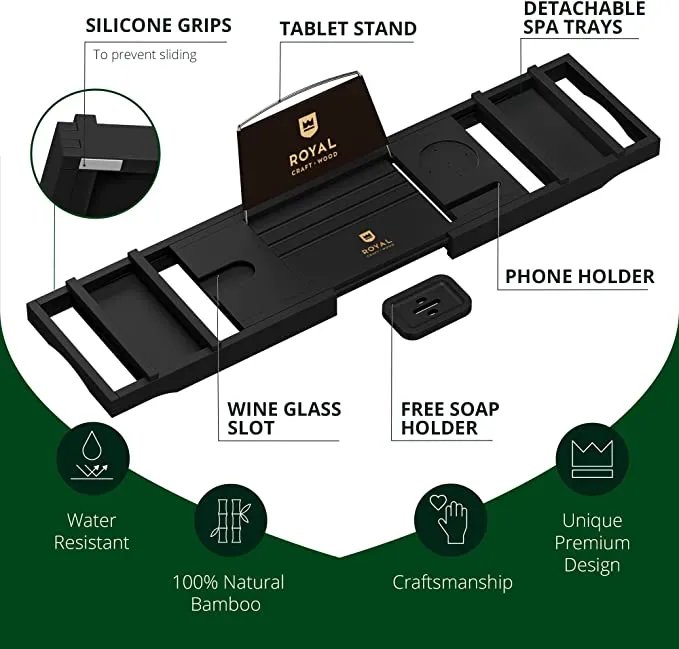 New ROYAL CRAFT WOOD Luxury Bathtub Caddy Tray, 1 or 2 Person Bath and Bed Tray, Bath Tub Table Caddy with Extending Sides, Adjustable Organizer Tray for Bathroom - Free Soap Dish (Black) Retails $135 
