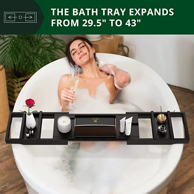 New ROYAL CRAFT WOOD Luxury Bathtub Caddy Tray, 1 or 2 Person Bath and Bed Tray, Bath Tub Table Caddy with Extending Sides, Adjustable Organizer Tray for Bathroom - Free Soap Dish (Black) Retails $135 