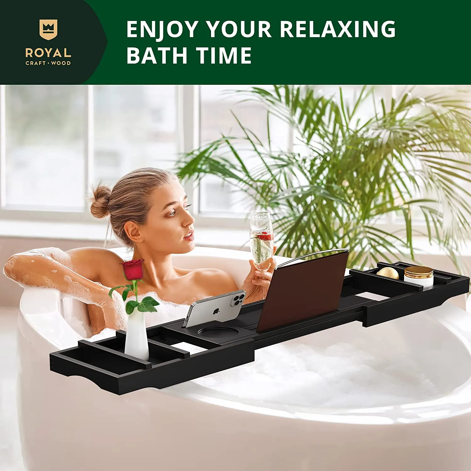 New ROYAL CRAFT WOOD Luxury Bathtub Caddy Tray, 1 or 2 Person Bath and Bed Tray, Bath Tub Table Caddy with Extending Sides, Adjustable Organizer Tray for Bathroom - Free Soap Dish (Black) Retails $135 