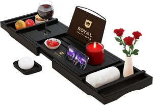 New ROYAL CRAFT WOOD Luxury Bathtub Caddy Tray, 1 or 2 Person Bath and Bed Tray, Bath Tub Table Caddy with Extending Sides, Adjustable Organizer Tray for Bathroom - Free Soap Dish (Black) Retails $135 