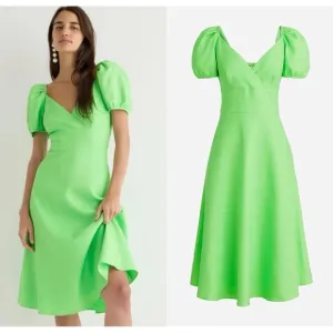 NWT J. Crew Puff Sleeve V-neck Midi Dress in Stretch Linen Blend