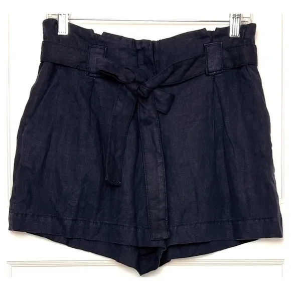 NWT LAGENCE Navy Blue Linen High Rise Paperbag Waist Tie Belt Pleated Shorts 25