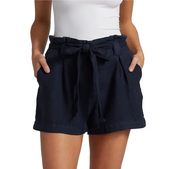 NWT LAGENCE Navy Blue Linen High Rise Paperbag Waist Tie Belt Pleated Shorts 25