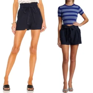 NWT LAGENCE Navy Blue Linen High Rise Paperbag Waist Tie Belt Pleated Shorts 25