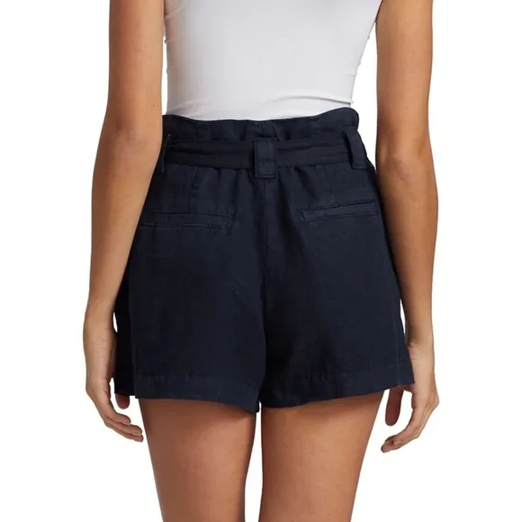 NWT LAGENCE Navy Blue Linen High Rise Paperbag Waist Tie Belt Pleated Shorts 25