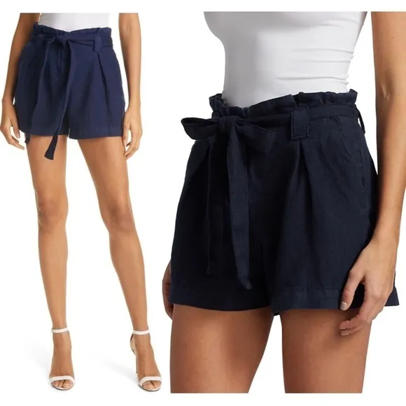 NWT LAGENCE Navy Blue Linen High Rise Paperbag Waist Tie Belt Pleated Shorts 25