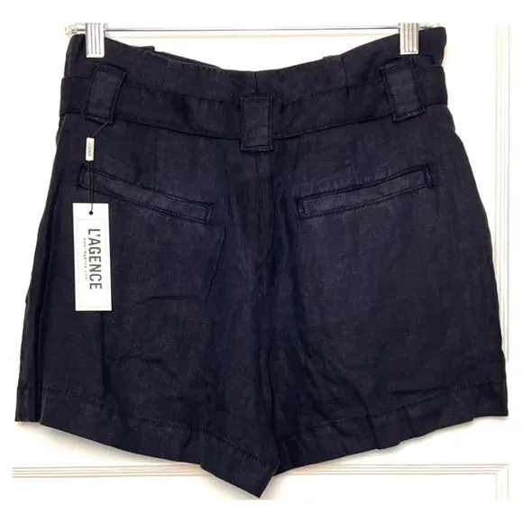 NWT LAGENCE Navy Blue Linen High Rise Paperbag Waist Tie Belt Pleated Shorts 25