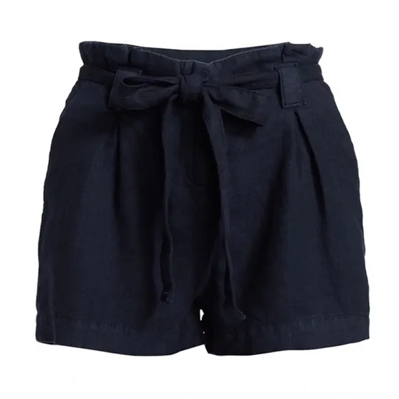 NWT LAGENCE Navy Blue Linen High Rise Paperbag Waist Tie Belt Pleated Shorts 25