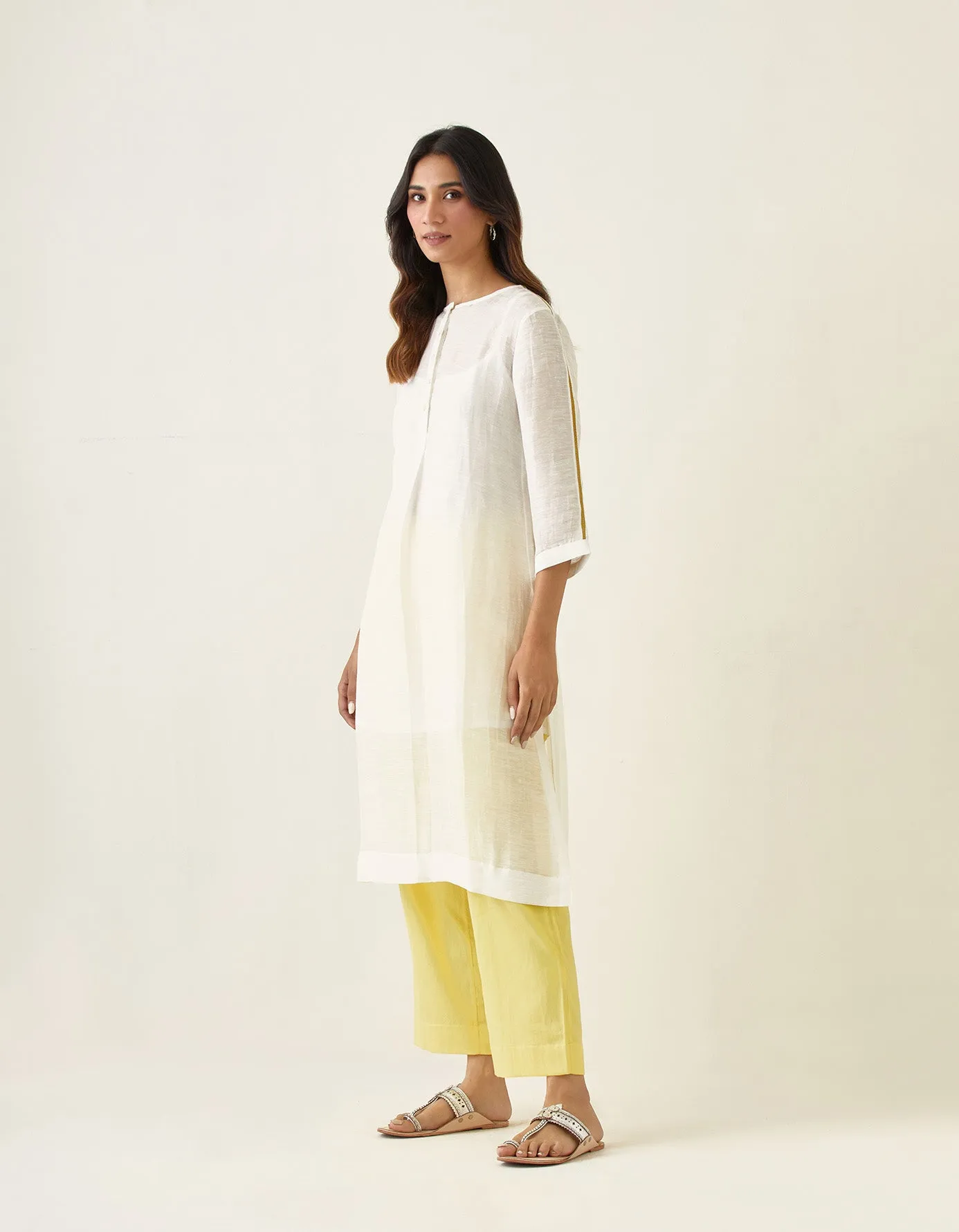 Off White Linen Silk Kurta with Maize Yellow Cotton Glaze Pants & Slip (Set of 3)