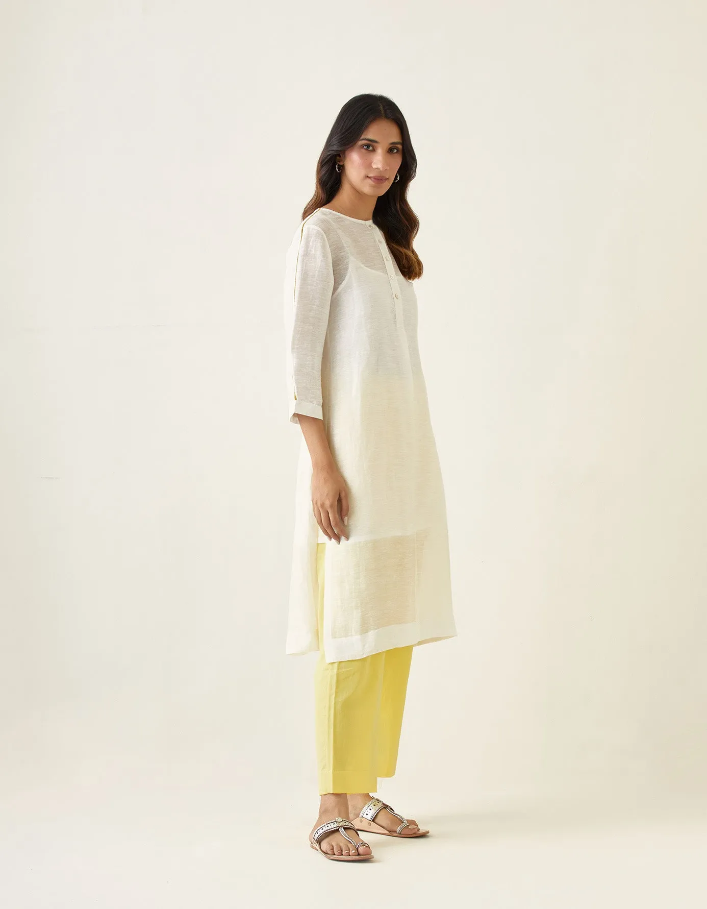 Off White Linen Silk Kurta with Maize Yellow Cotton Glaze Pants & Slip (Set of 3)