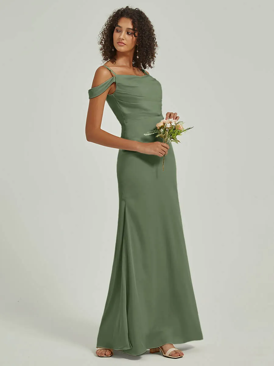 Olive Cowl Neckline Straps Side Slit Silk Satin Convertible Bridesmaid Dress
