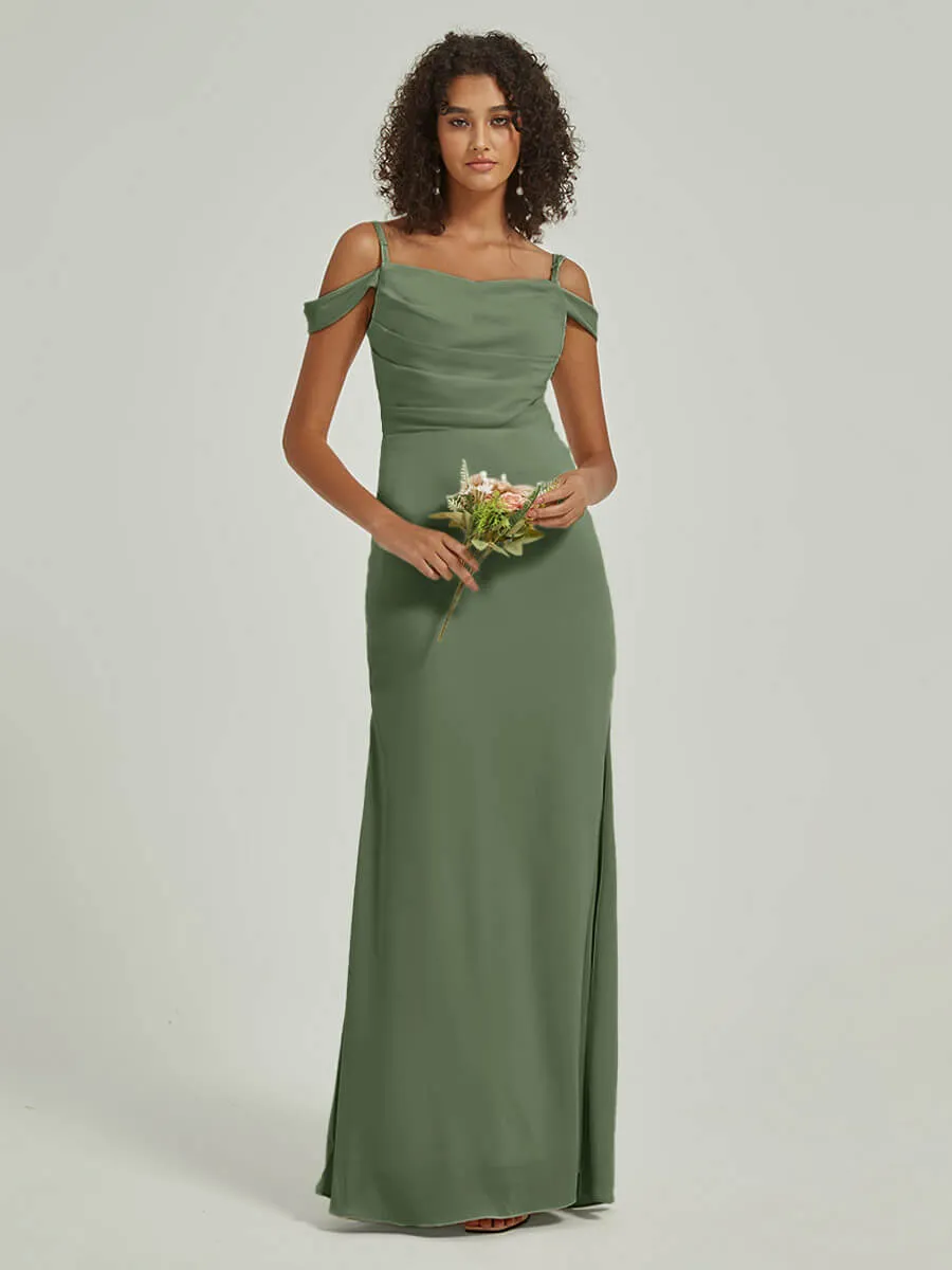 Olive Cowl Neckline Straps Side Slit Silk Satin Convertible Bridesmaid Dress