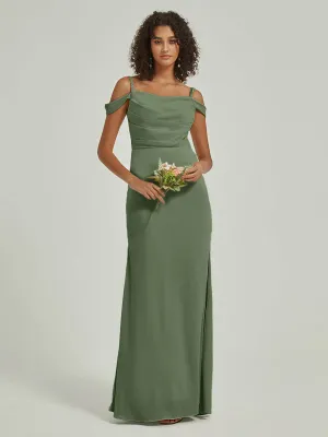 Olive Cowl Neckline Straps Side Slit Silk Satin Convertible Bridesmaid Dress