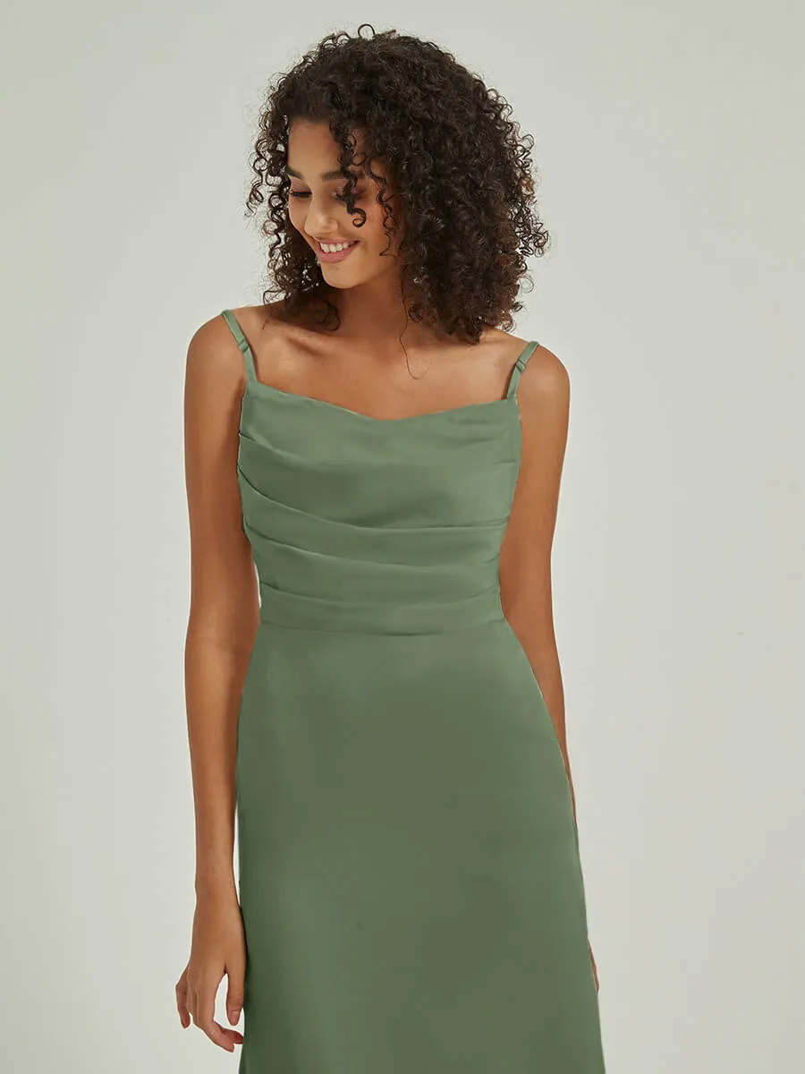 Olive Cowl Neckline Straps Side Slit Silk Satin Convertible Bridesmaid Dress