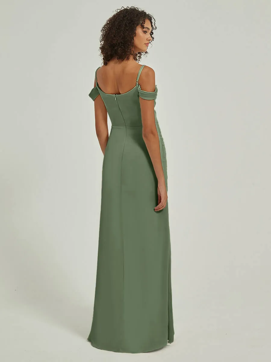 Olive Cowl Neckline Straps Side Slit Silk Satin Convertible Bridesmaid Dress