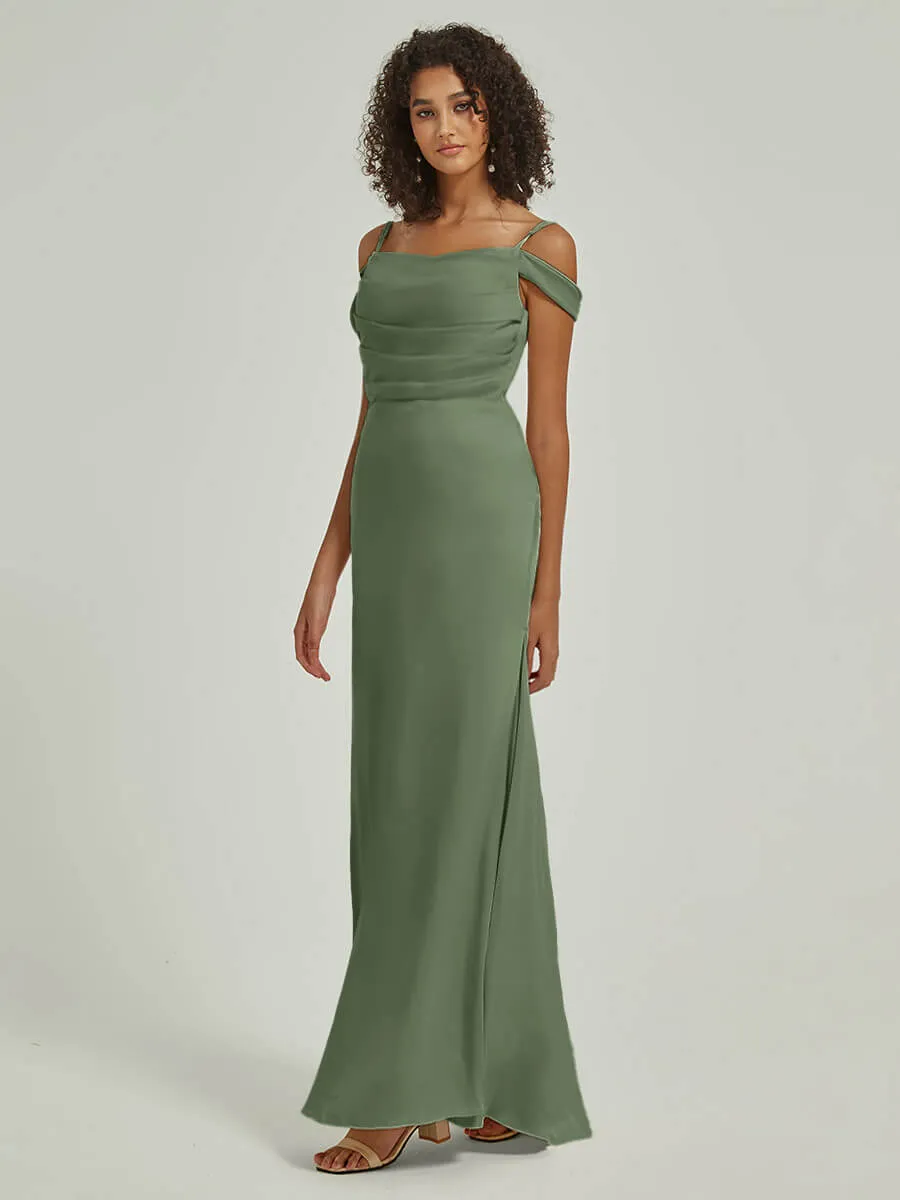 Olive Cowl Neckline Straps Side Slit Silk Satin Convertible Bridesmaid Dress