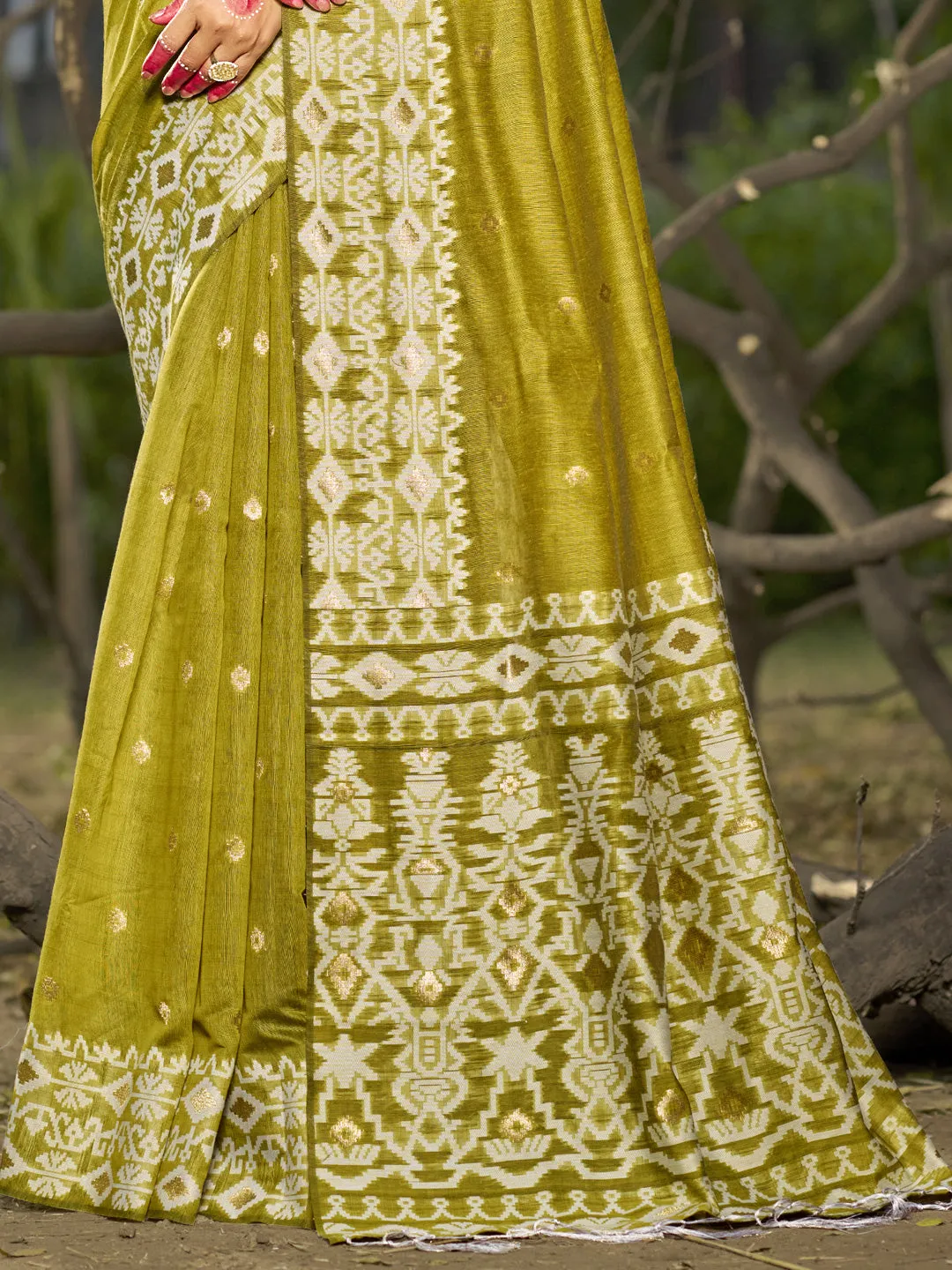 Olive Green Linen Cotton Saree