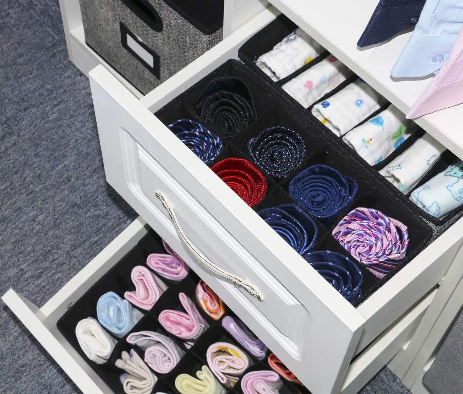 Onlyeasy Closet Underwear Organizer Drawer Divider, Set of 4 Foldable Cloth Storage Boxes Bins, Under Bed Organizer for Bras Socks Panties Ties, Linen-Like Black, MXASS4P