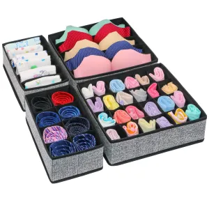 Onlyeasy Closet Underwear Organizer Drawer Divider, Set of 4 Foldable Cloth Storage Boxes Bins, Under Bed Organizer for Bras Socks Panties Ties, Linen-Like Black, MXASS4P