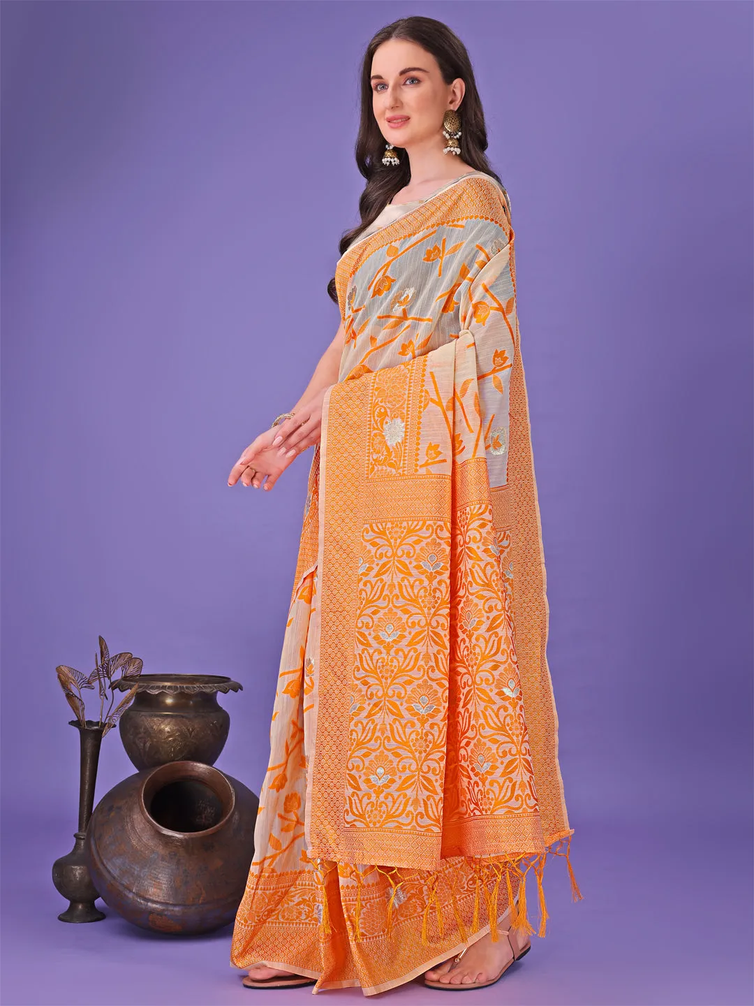 Orange Linen Cotton Saree