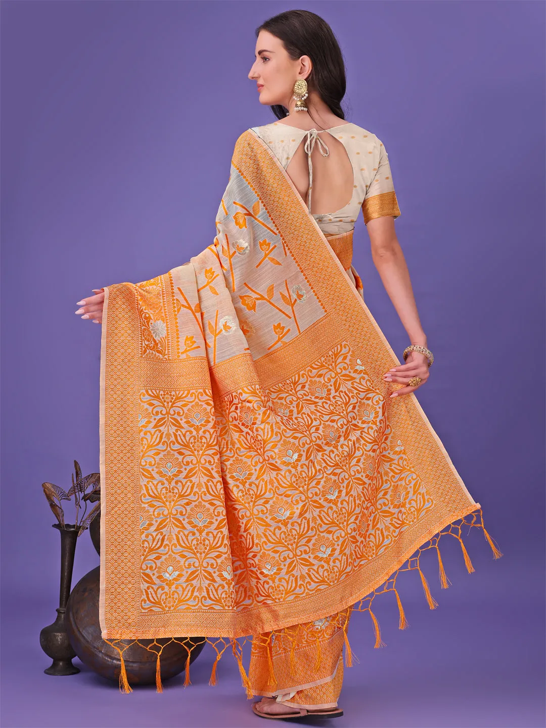 Orange Linen Cotton Saree