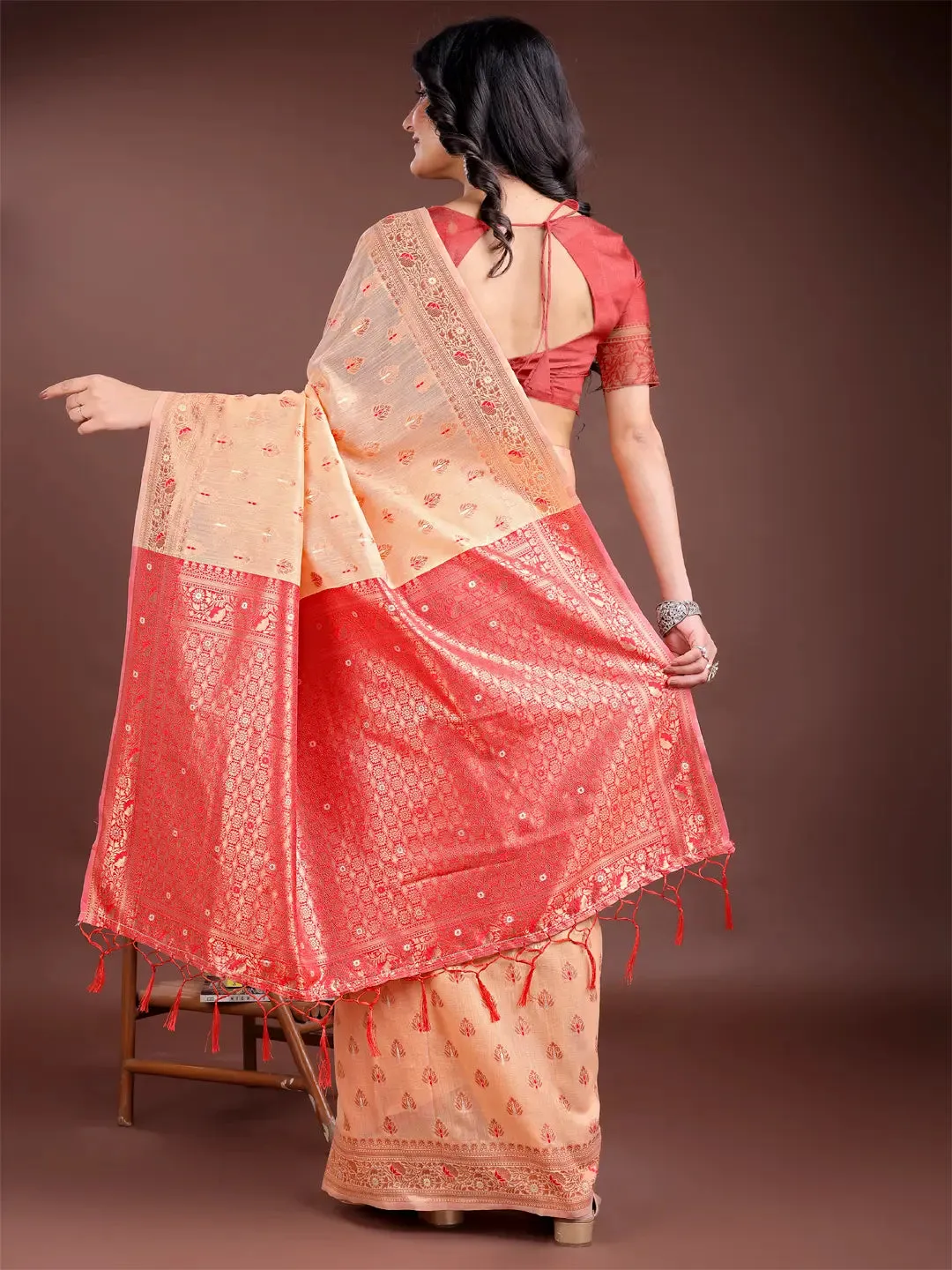 Orange Linen Cotton Saree