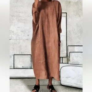 Outfree Wabi-Sabi Long Sleeved Cotton Linen Midi Dress Coffee Size Large New