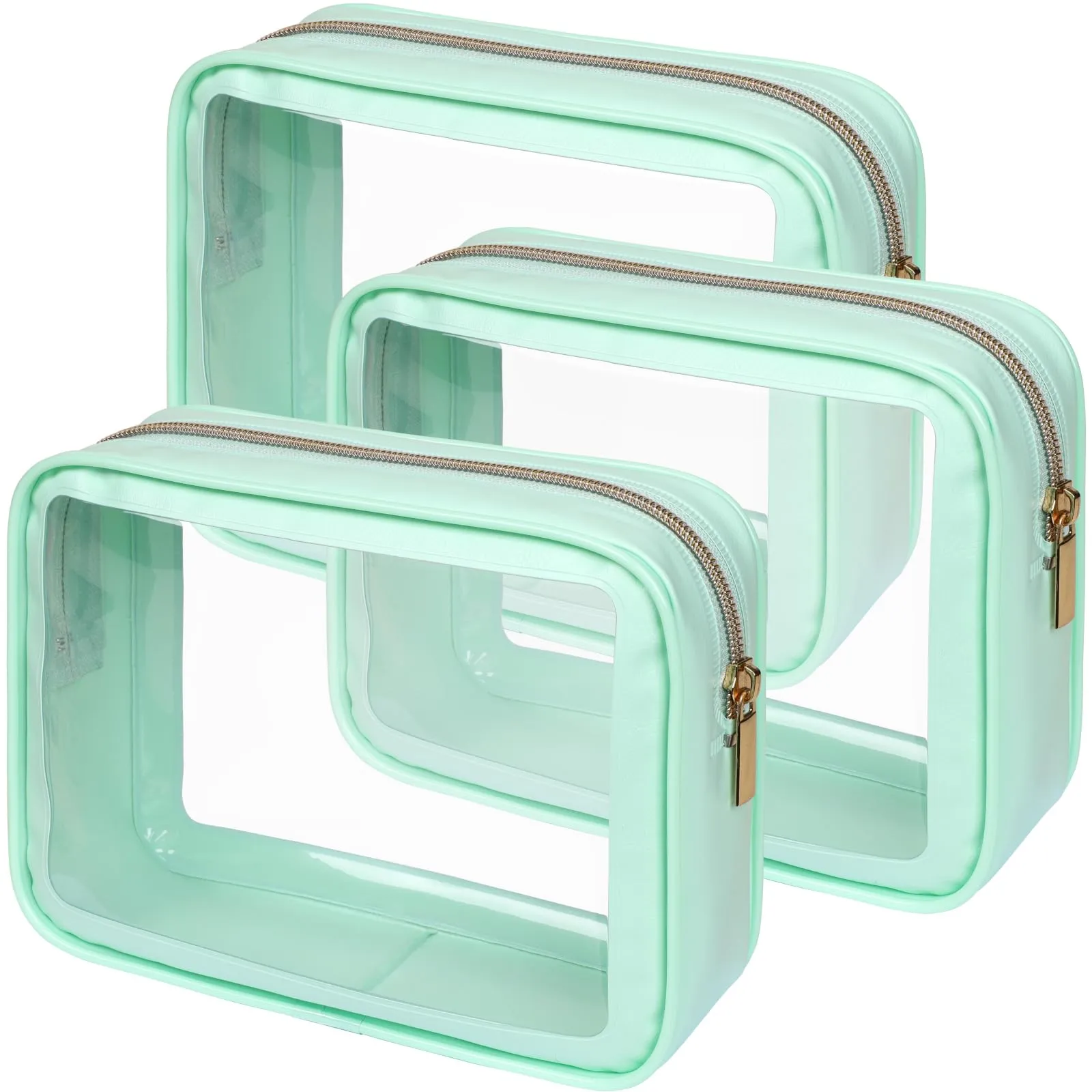 PACKISM TSA Approved Toiletry Bag - Amazing Color-Edged Clear Makeup Bag, 3 Pack in Spacious Space, Reusable Clear Toiletry Bags with Great Value, Green