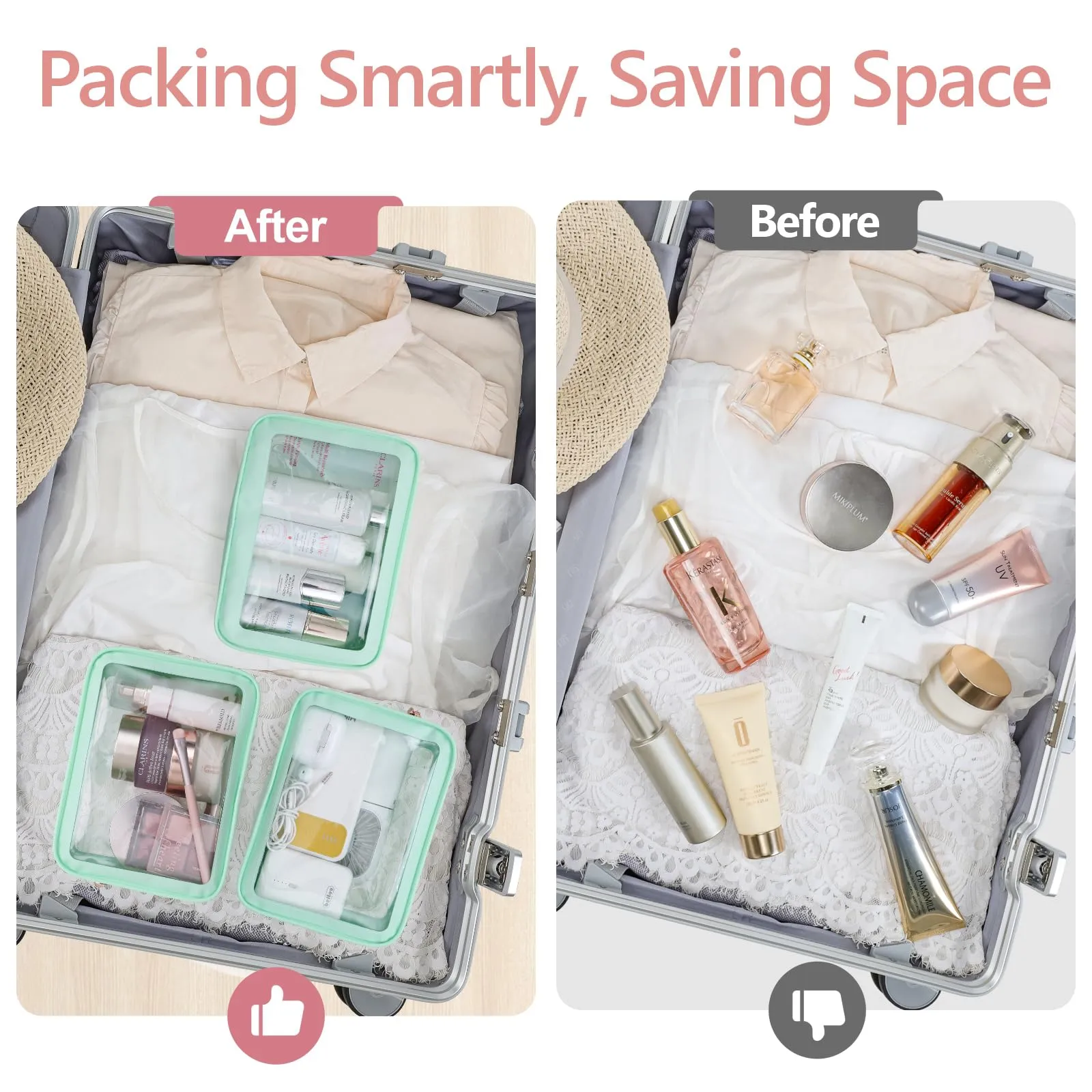 PACKISM TSA Approved Toiletry Bag - Amazing Color-Edged Clear Makeup Bag, 3 Pack in Spacious Space, Reusable Clear Toiletry Bags with Great Value, Green