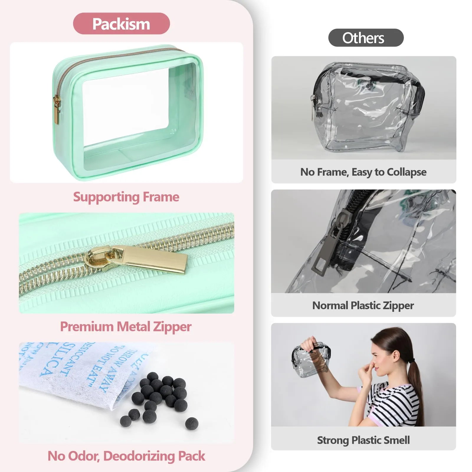 PACKISM TSA Approved Toiletry Bag - Amazing Color-Edged Clear Makeup Bag, 3 Pack in Spacious Space, Reusable Clear Toiletry Bags with Great Value, Green