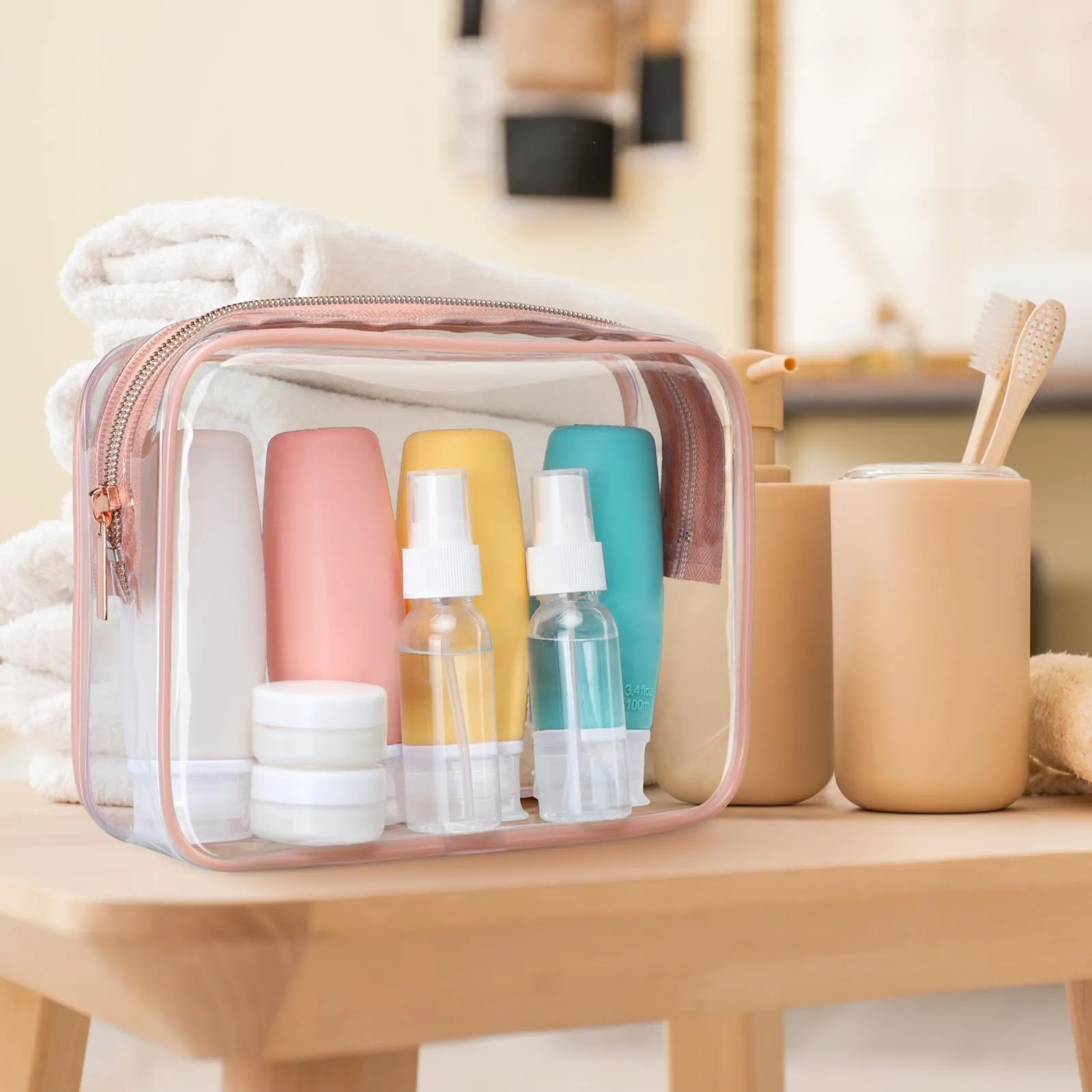 PACKISM TSA Approved Toiletry Bag - Clear Makeup Bags in 2 Size, Durable with Supporting Frame, Perfect for Travel Essentials, Carry-on Airport Airline Compliant Bag, Rose Pink