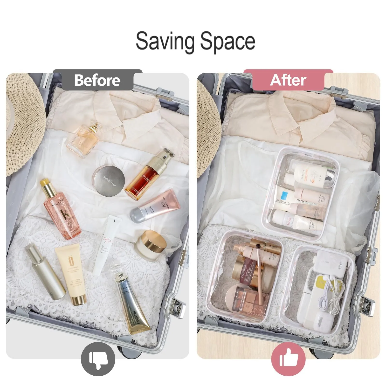PACKISM TSA Approved Toiletry Bag - Clear Makeup Bags in 2 Size, Durable with Supporting Frame, Perfect for Travel Essentials, Carry-on Airport Airline Compliant Bag, White