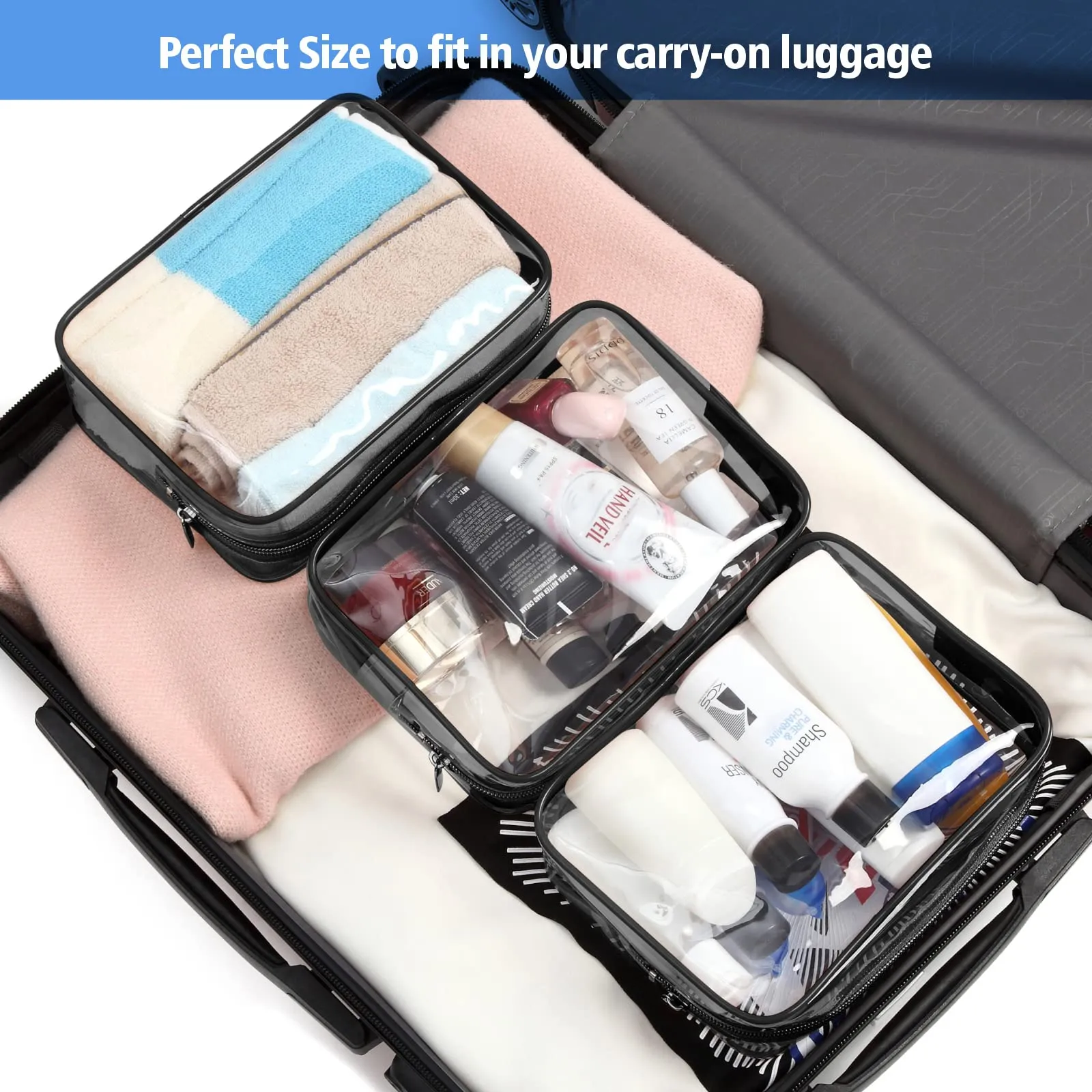 PACKISM TSA Approved Toiletry Bags - 2 Pack Clear Toiletry Bags Clear Travels Bags for toiletries, Clear Cosmetic Bags with Zipper Carry on Toiletry Bag Airport Airline Compliant Bag, Black