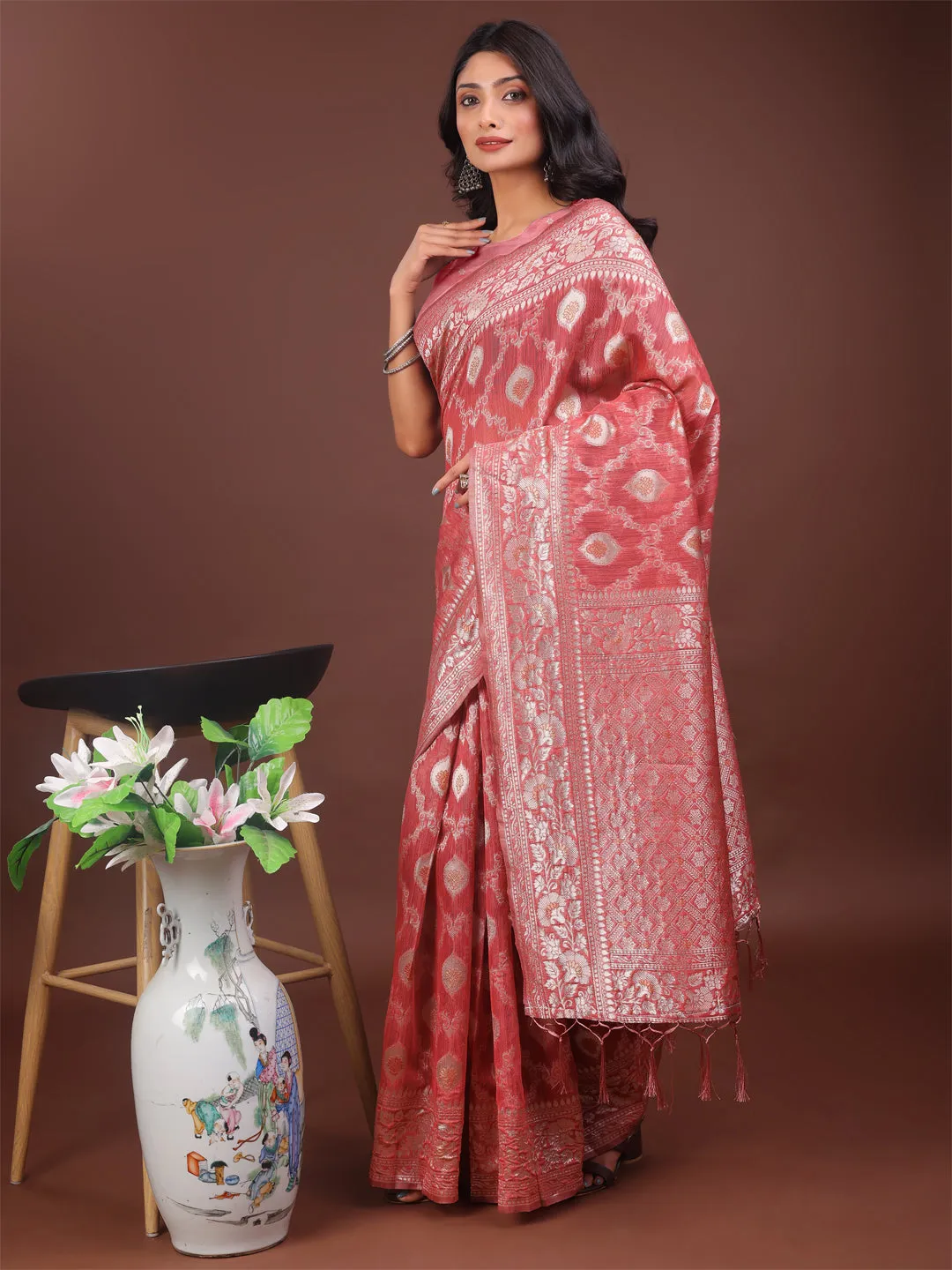 Peach Linen Cotton Saree