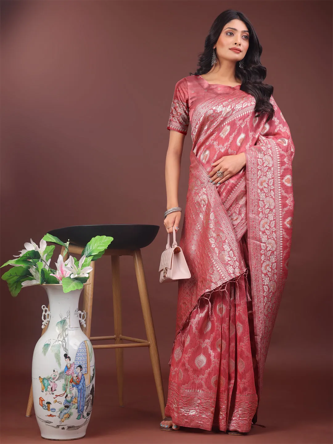 Peach Linen Cotton Saree