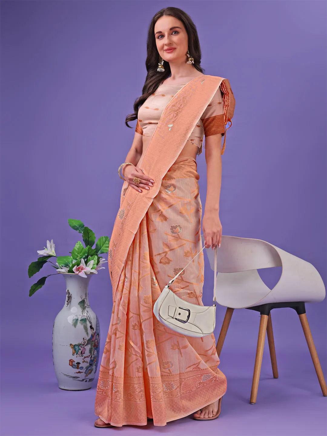 Peach Linen Cotton Saree