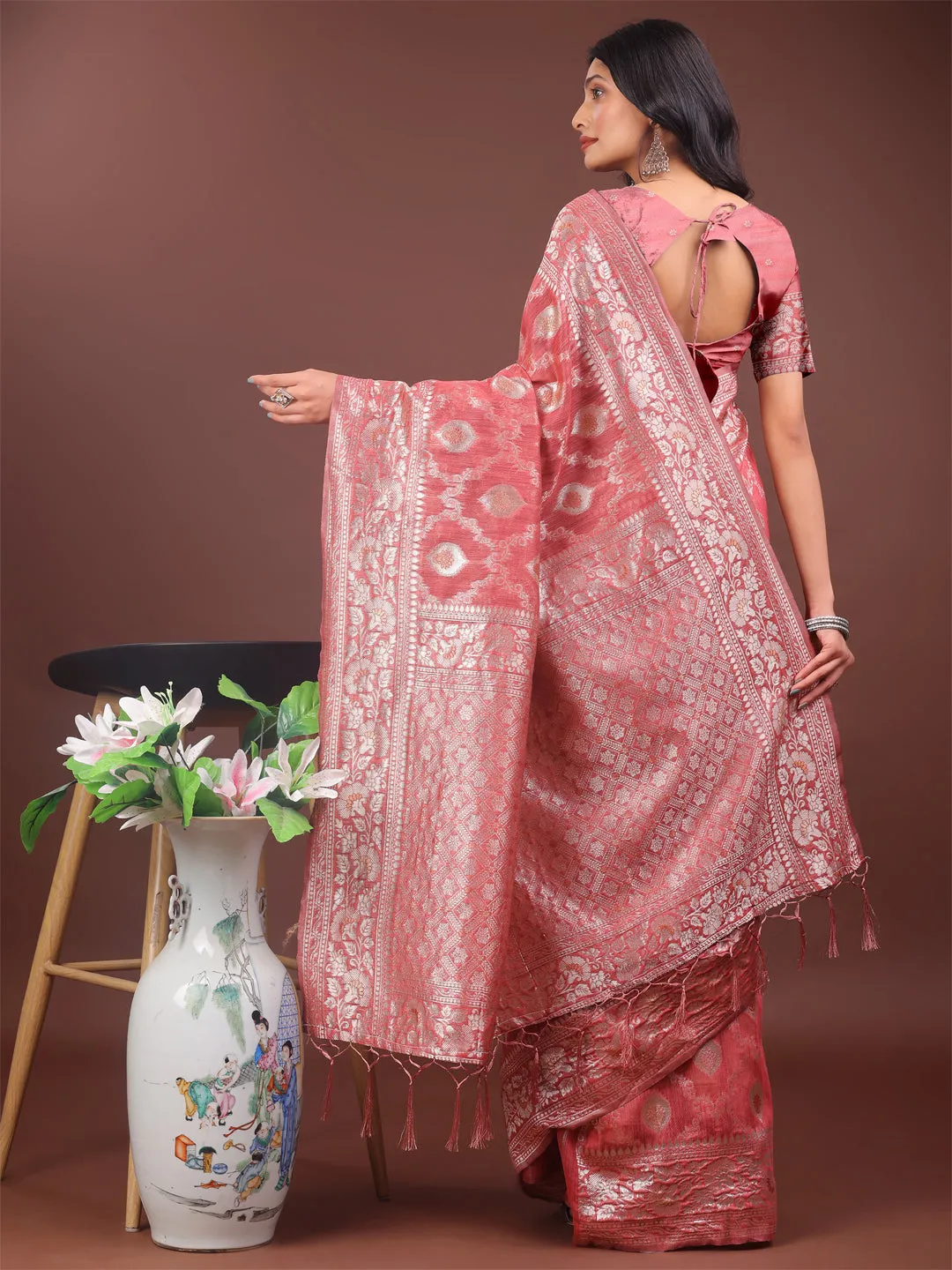 Peach Linen Cotton Saree