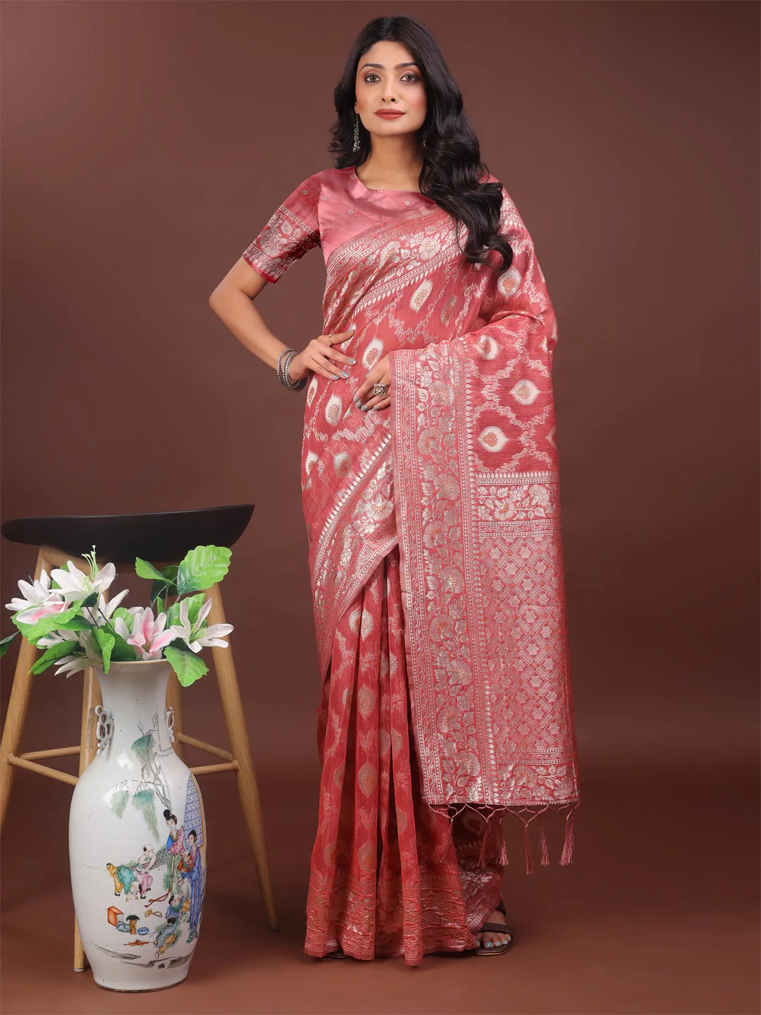 Peach Linen Cotton Saree