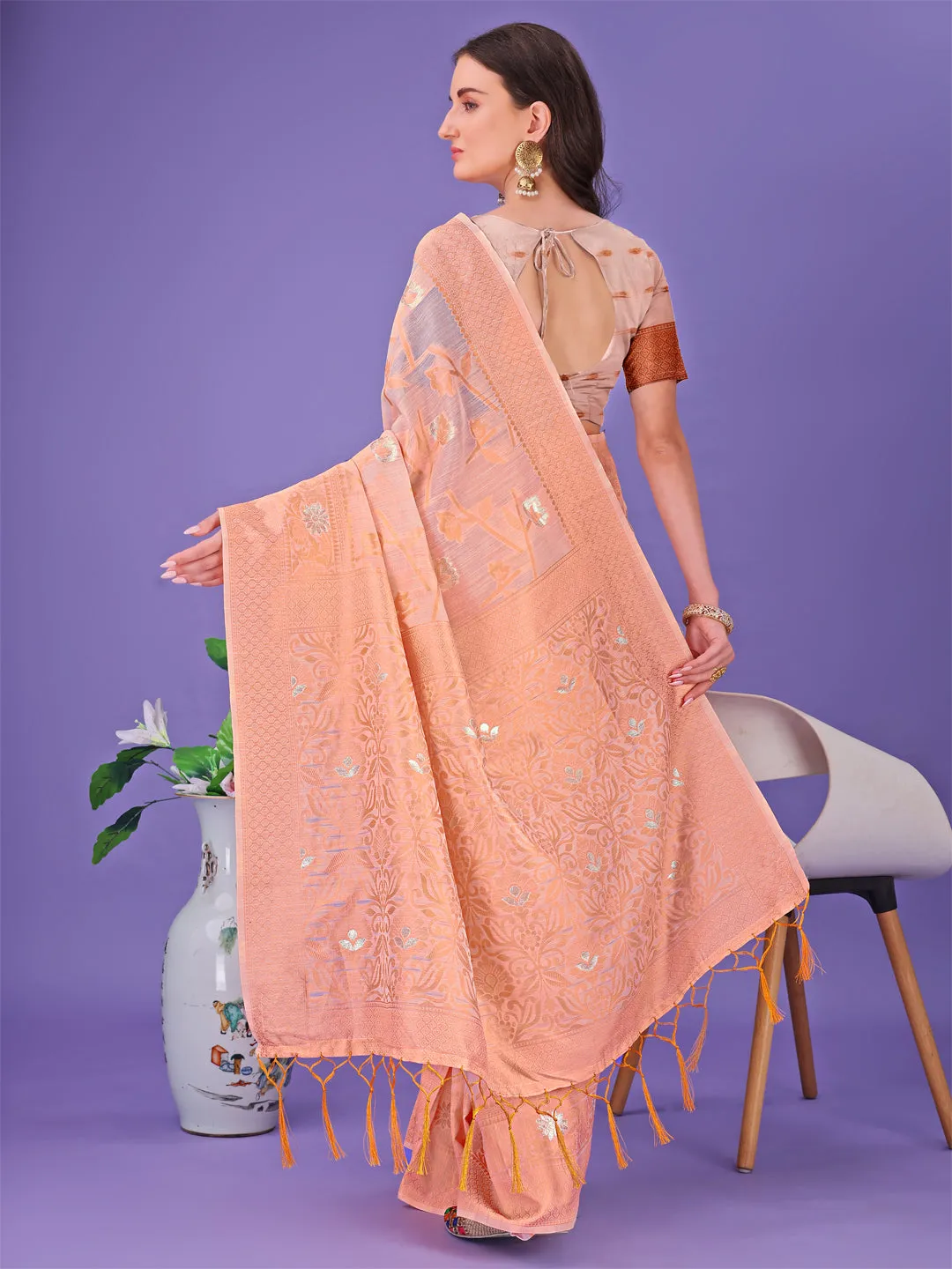 Peach Linen Cotton Saree