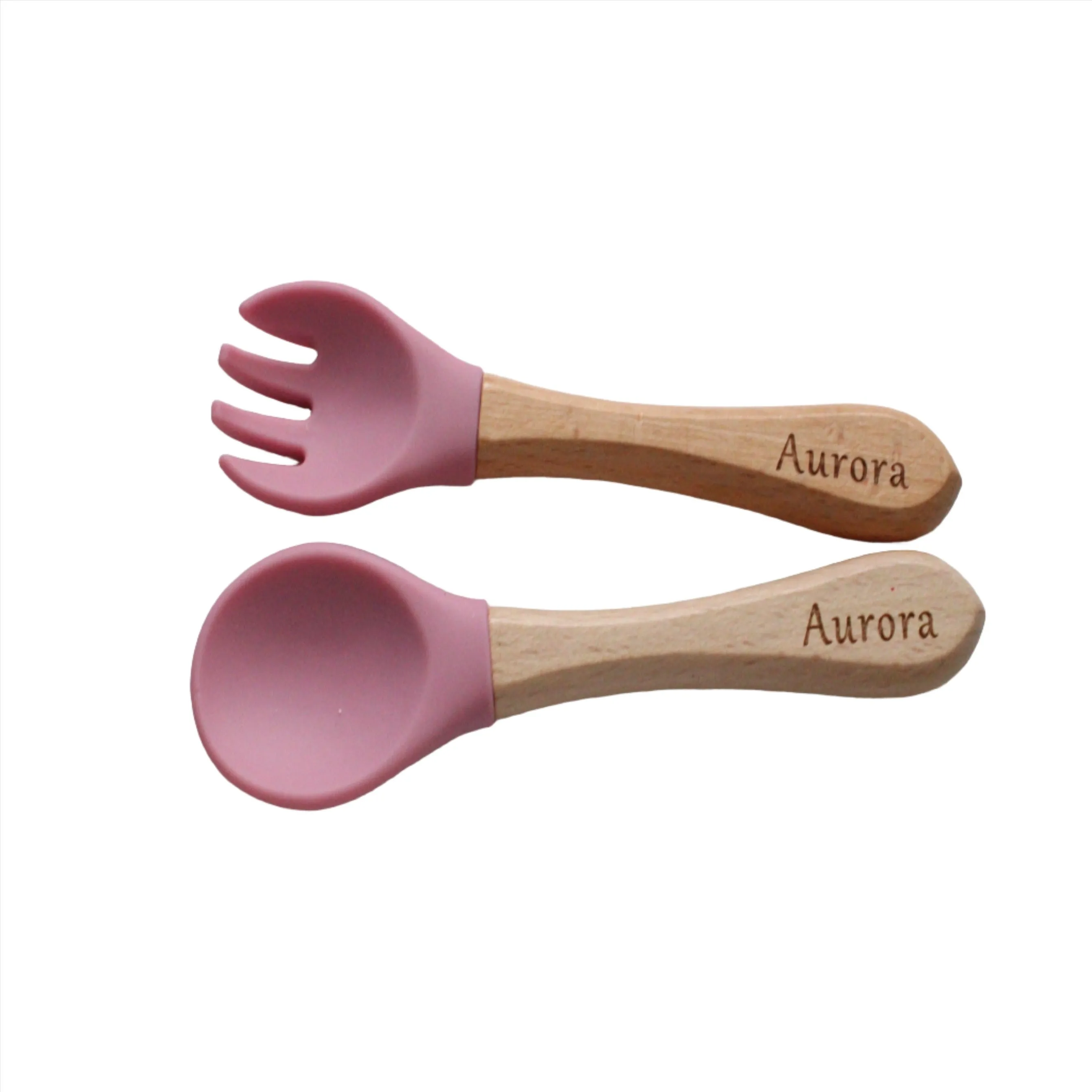 Personalised Engraved Wooden and Silicone weaning Cutlery Set - Blush