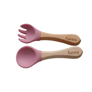 Personalised Engraved Wooden and Silicone weaning Cutlery Set - Blush